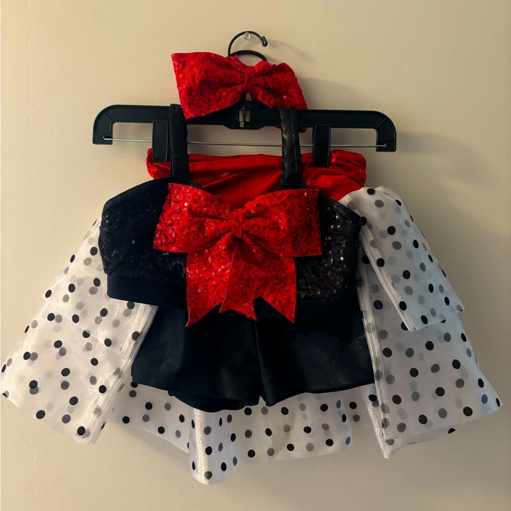 Dance costume two-piece, black/white polka-dot with red. MC.